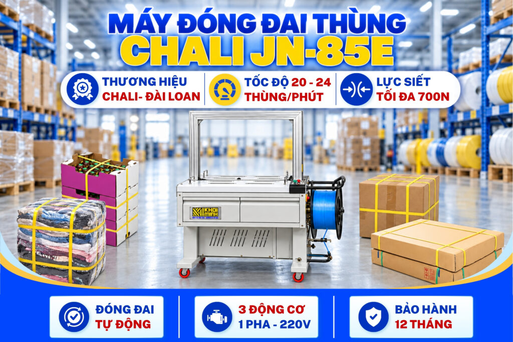 Máy Đóng Đai Thùng Chali JN-85E 6 Máy đóng đai thùng tự động Chali JN-85E đạt tốc độ 20–24 thùng_phút, lực siết tối đa 700N, sử dụng 3 động cơ và được bảo hành 12 tháng